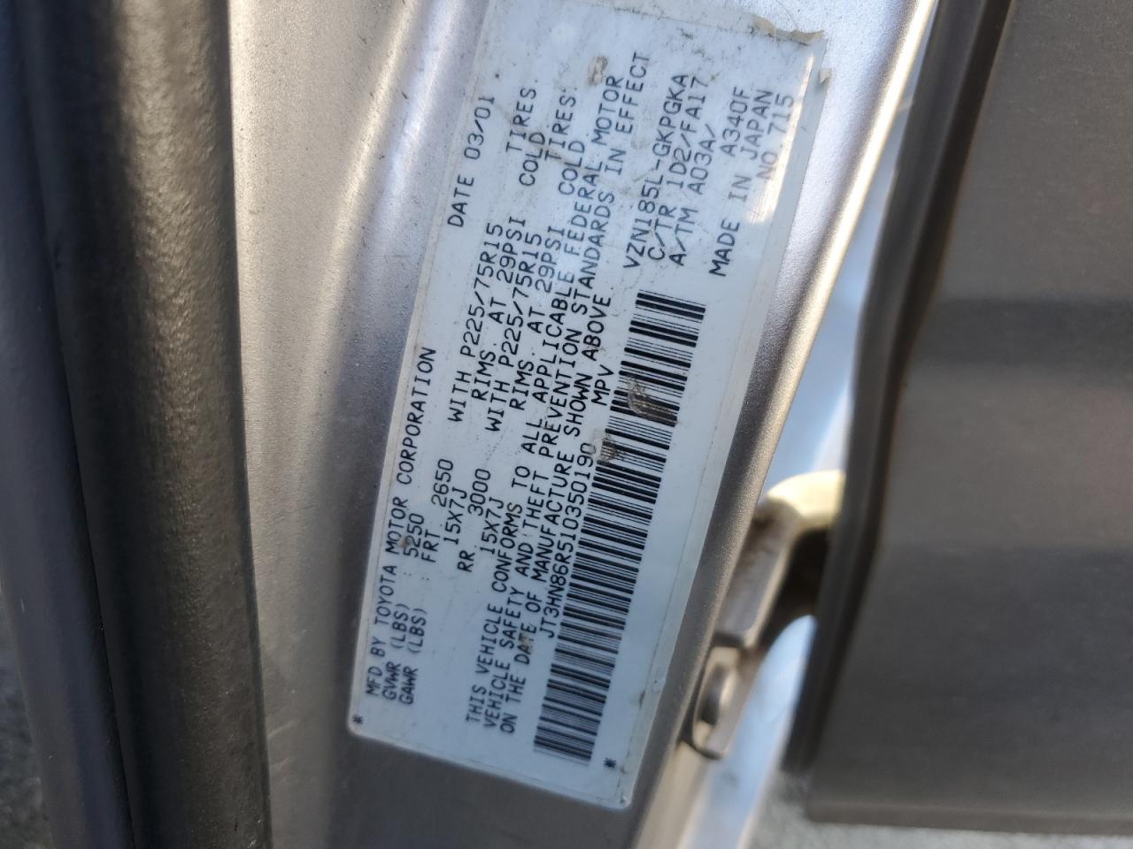 2001 Toyota 4Runner Sr5 VIN: JT3HN86R510350190 Lot: 44637555