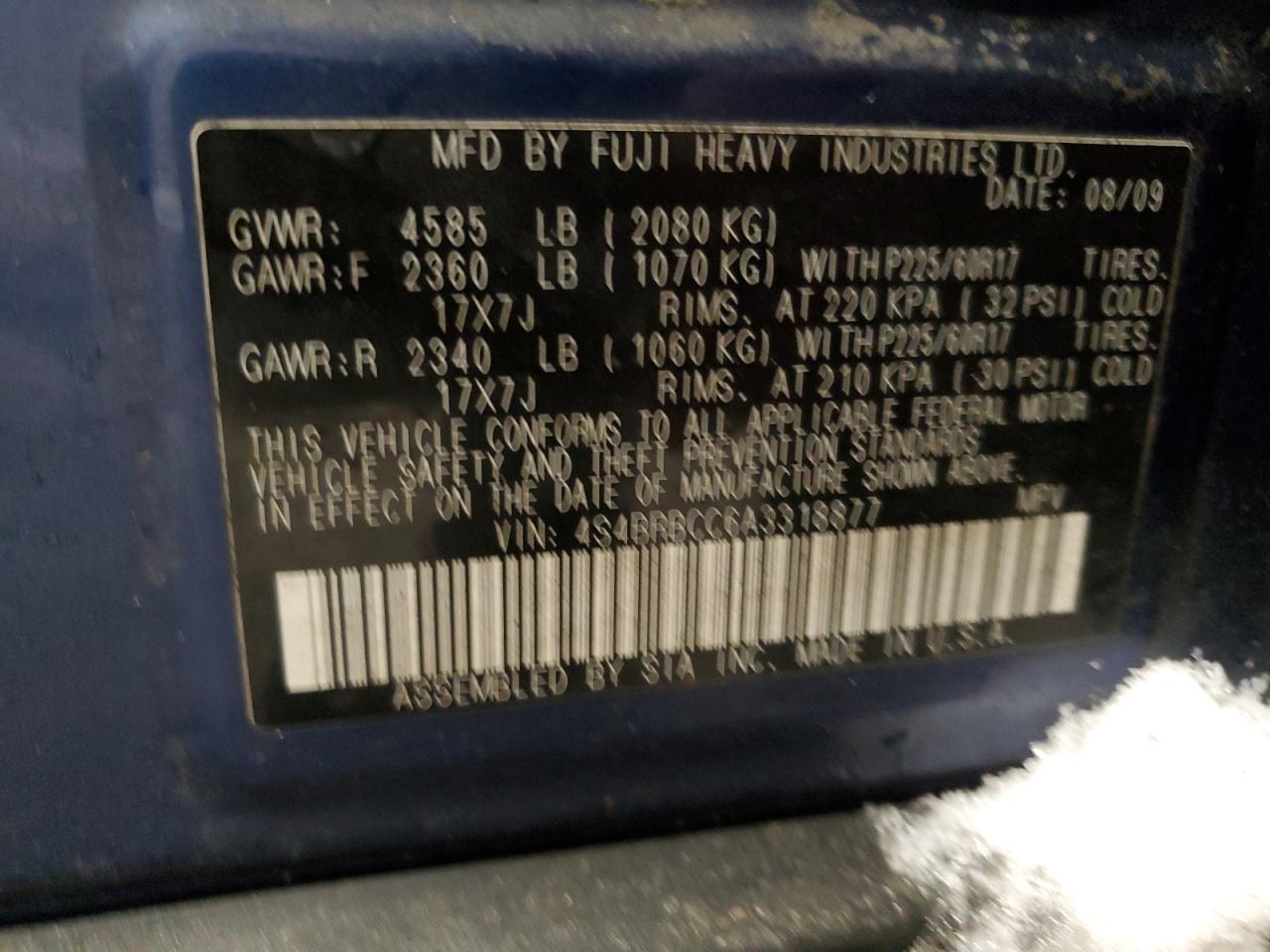 2010 Subaru Outback VIN: 4S4RBCC6A3318877 Lot: 44715855