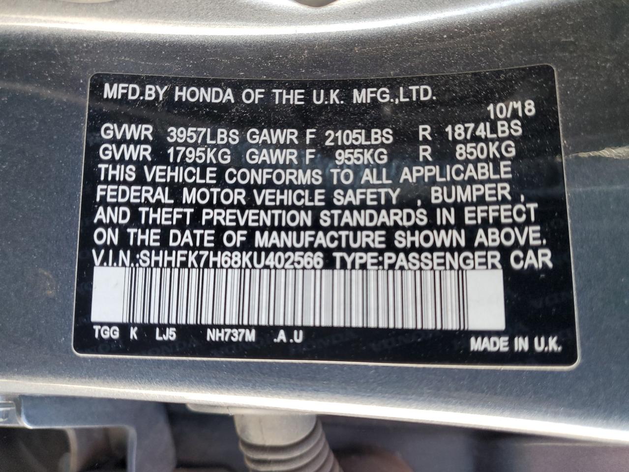 SHHFK7H68KU402566 HONDA CIVIC 2019