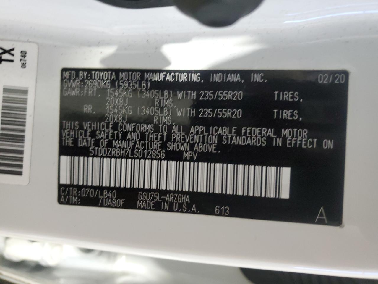 5TDDZRBH7LS012856 TOYOTA HIGHLANDER 2020