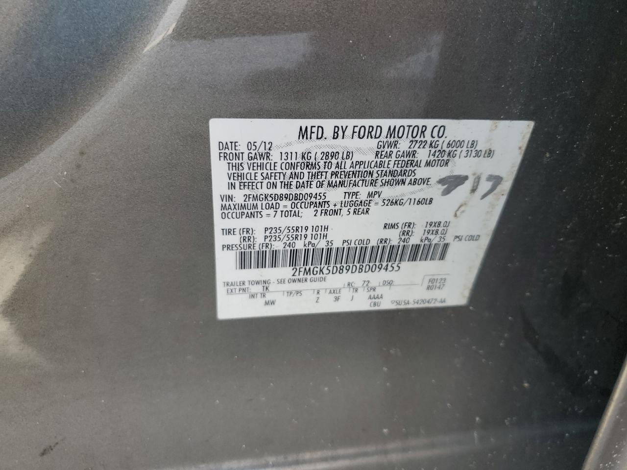 2013 Ford Flex Limited VIN: 2FMGK5D89DBD09455 Lot: 92426175