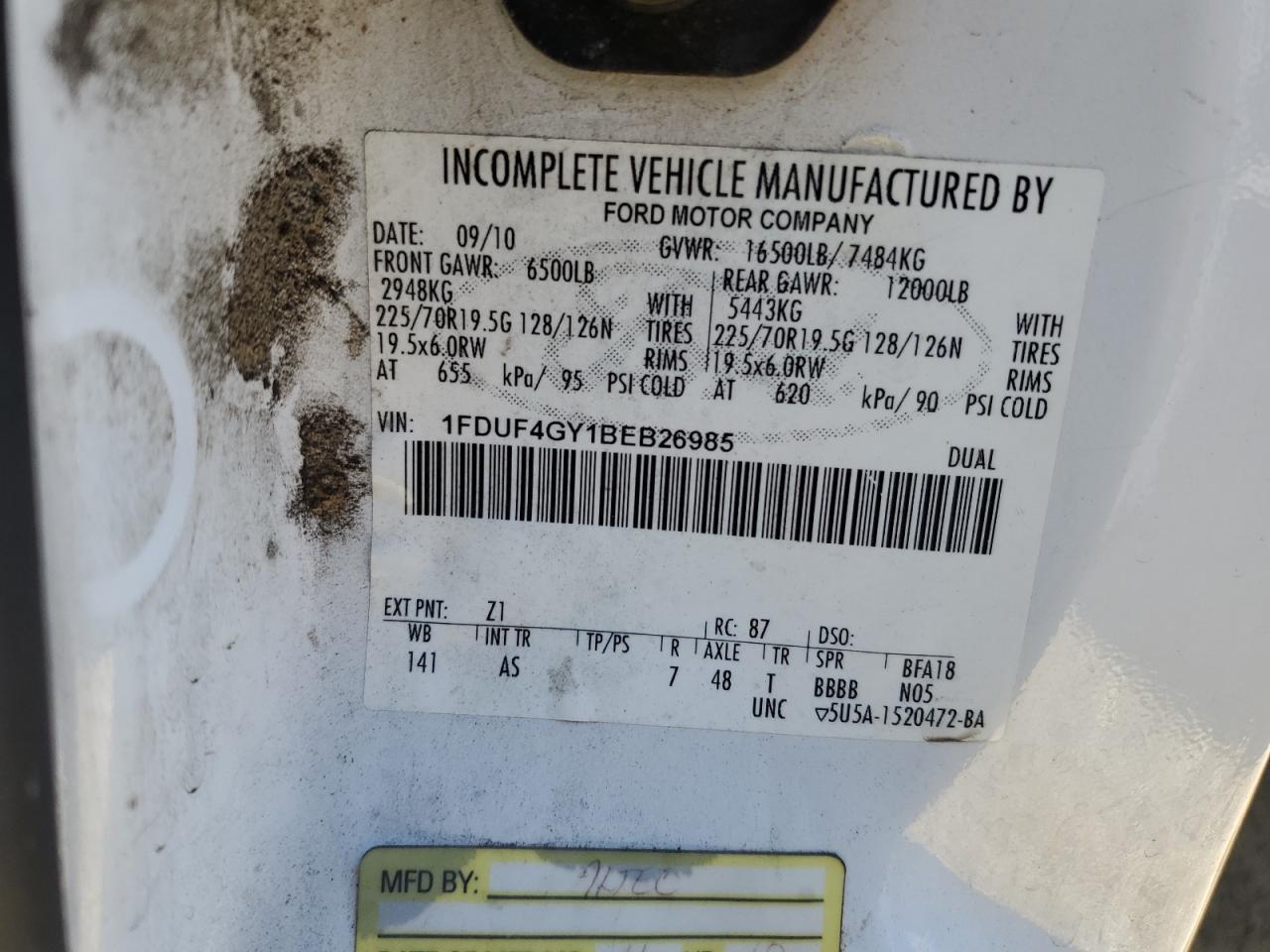 2011 Ford F450 Super Duty VIN: 1FDUF4GY1BEB26985 Lot: 47085355