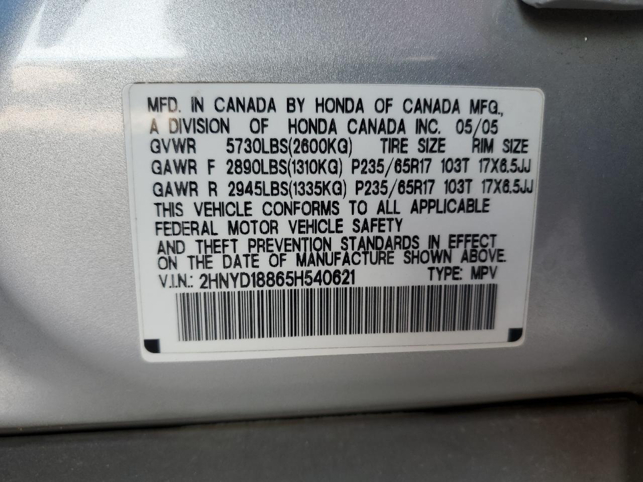 2005 Acura Mdx Touring VIN: 2HNYD18865H540621 Lot: 56944975