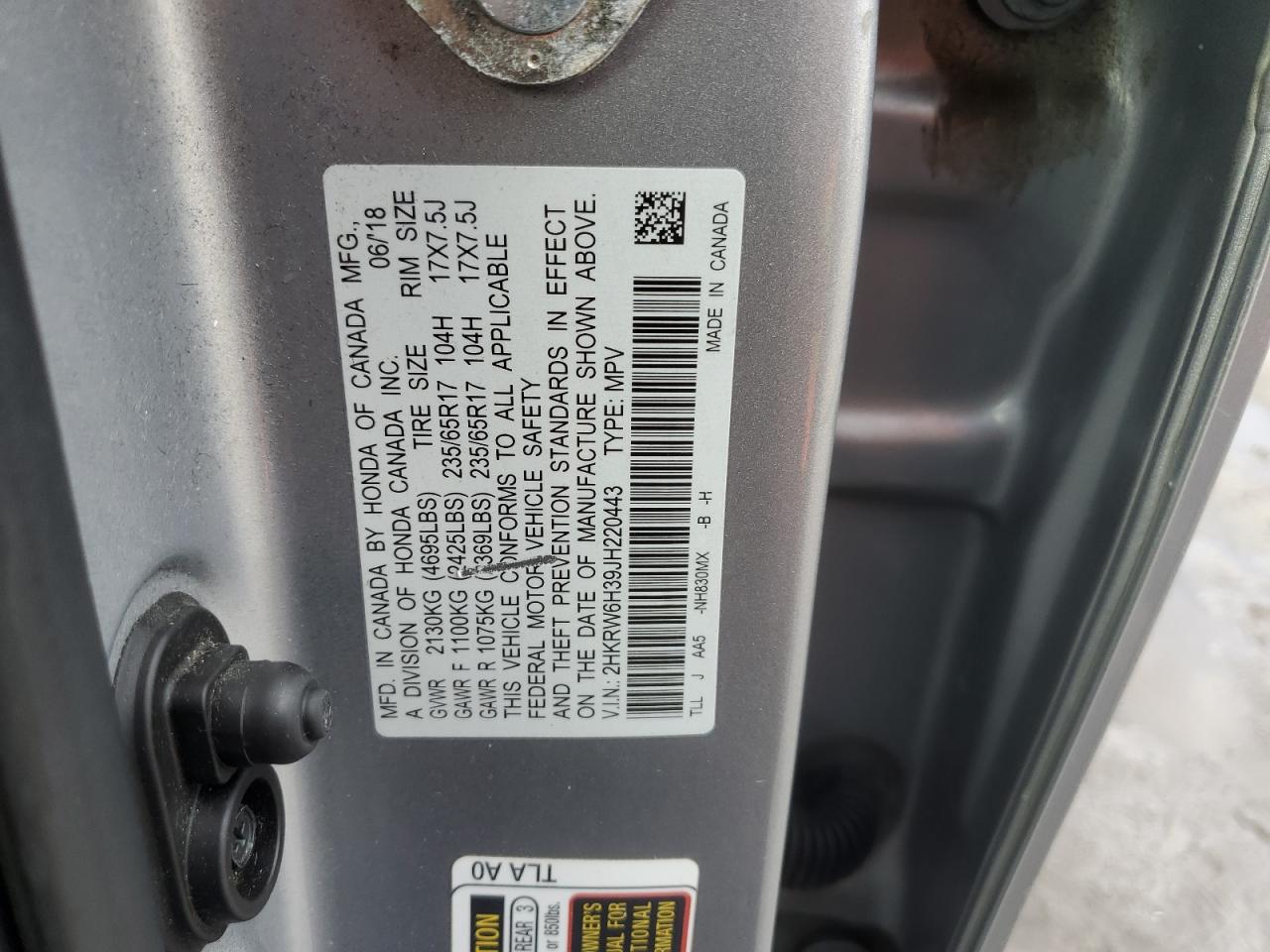 2HKRW6H39JH220443 HONDA CRV 2018