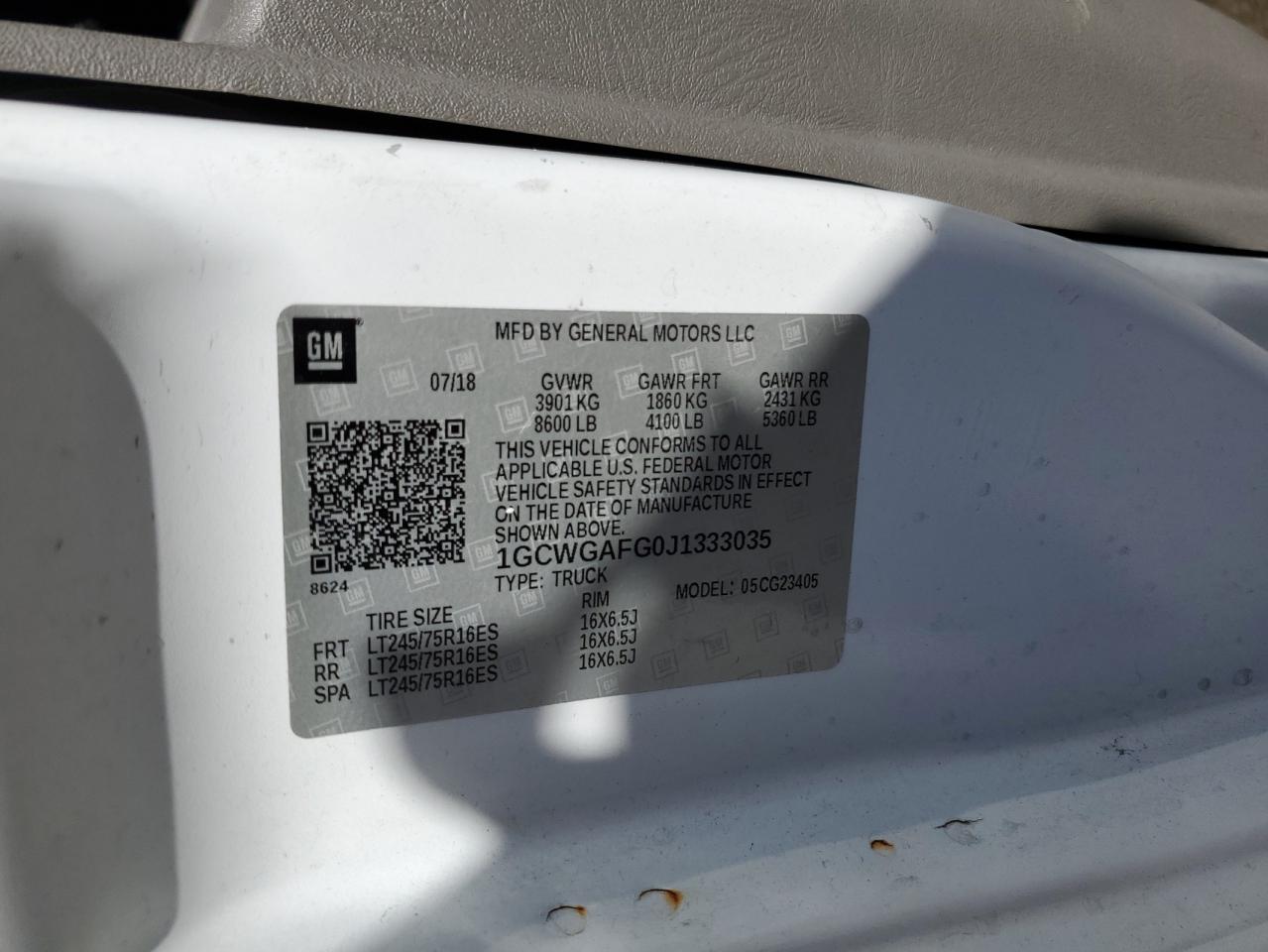 2018 Chevrolet Express G2500 VIN: 1GCWGAFG0J1333035 Lot: 44319615