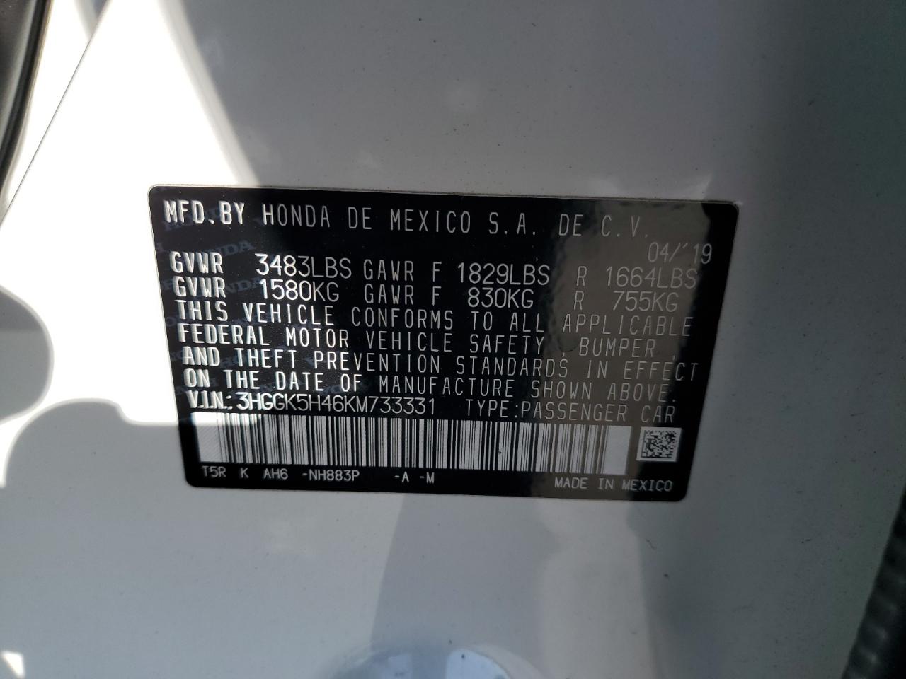 3HGGK5H46KM733331 HONDA FIT 2019