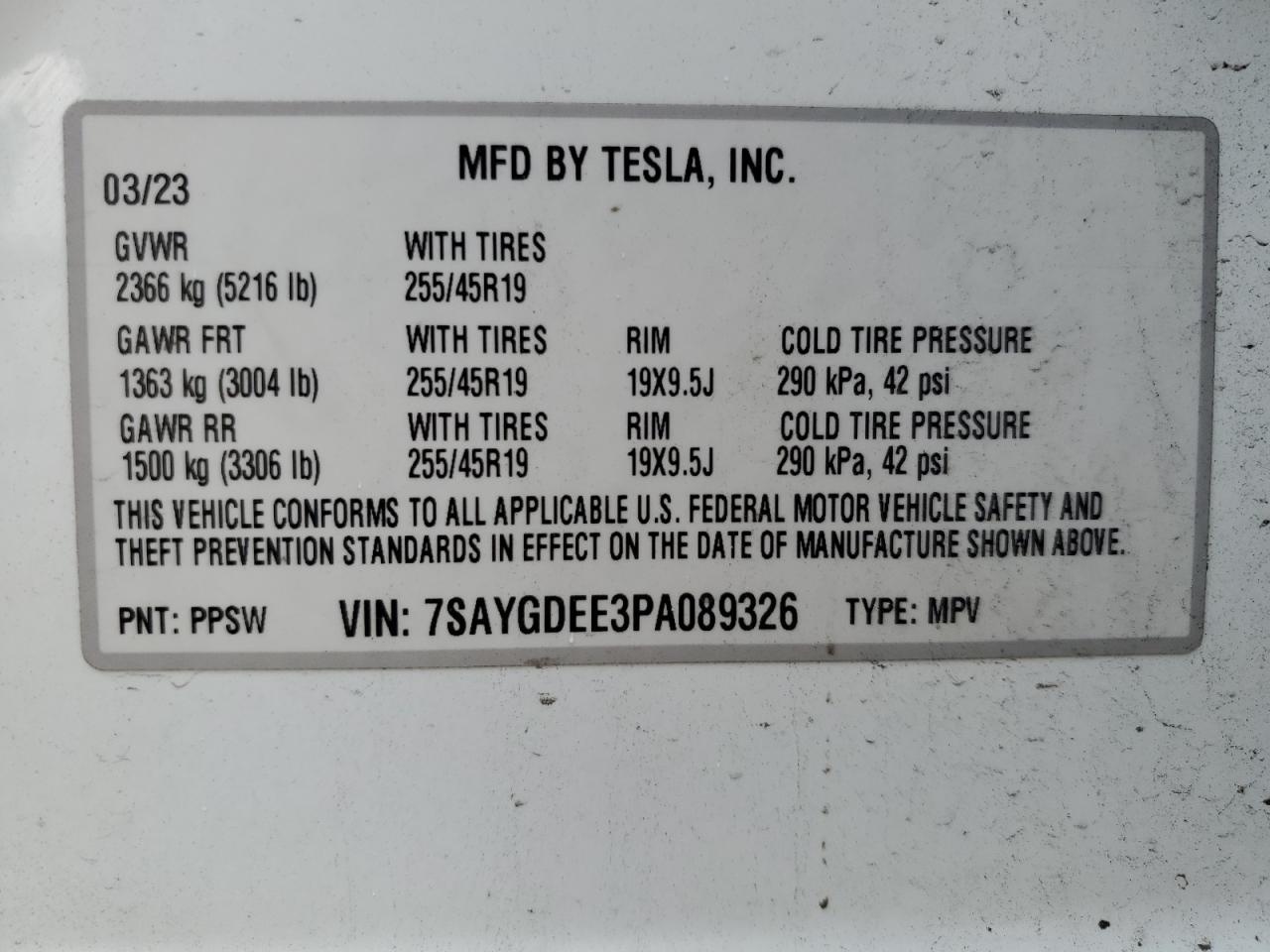 2023 Tesla Model Y VIN: 7SAYGDEE3PA089326 Lot: 44056345