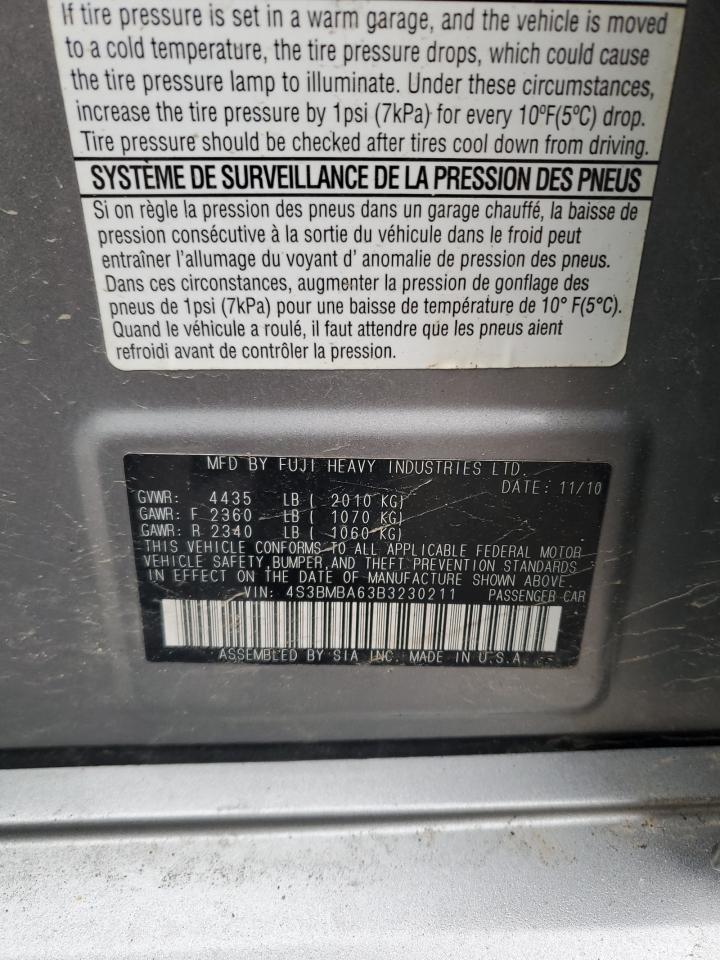 2011 Subaru Legacy 2.5I VIN: 4S3BMBA63B3230211 Lot: 44934305