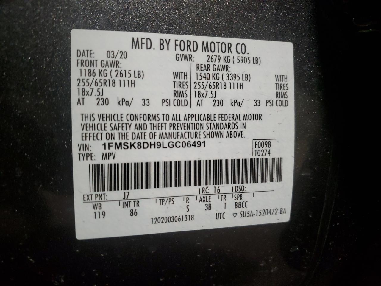 1FMSK8DH9LGC06491 FORD EXPLORER 2020