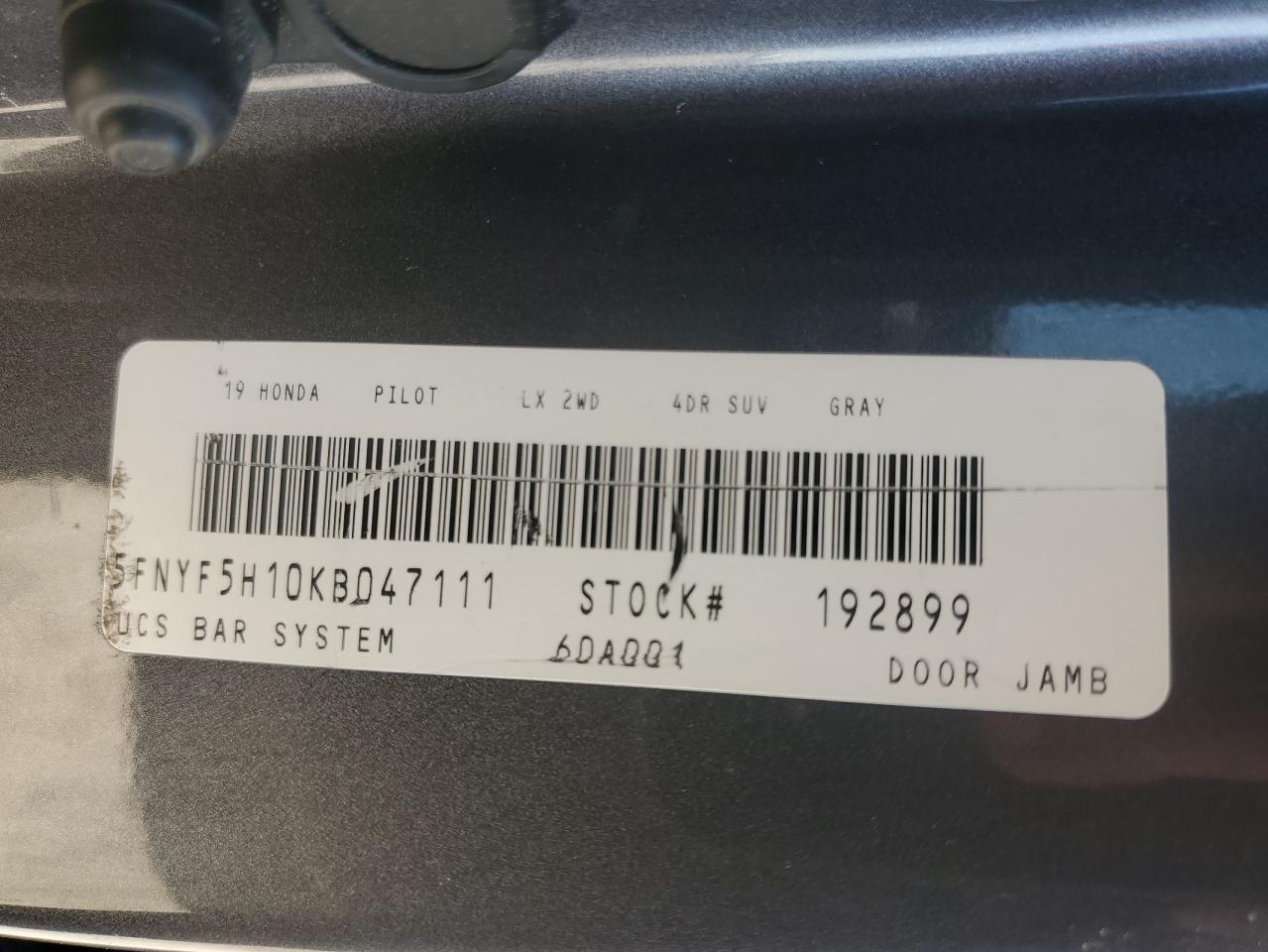 2019 Honda Pilot Lx VIN: 5FNYF5H10KB047111 Lot: 45905625
