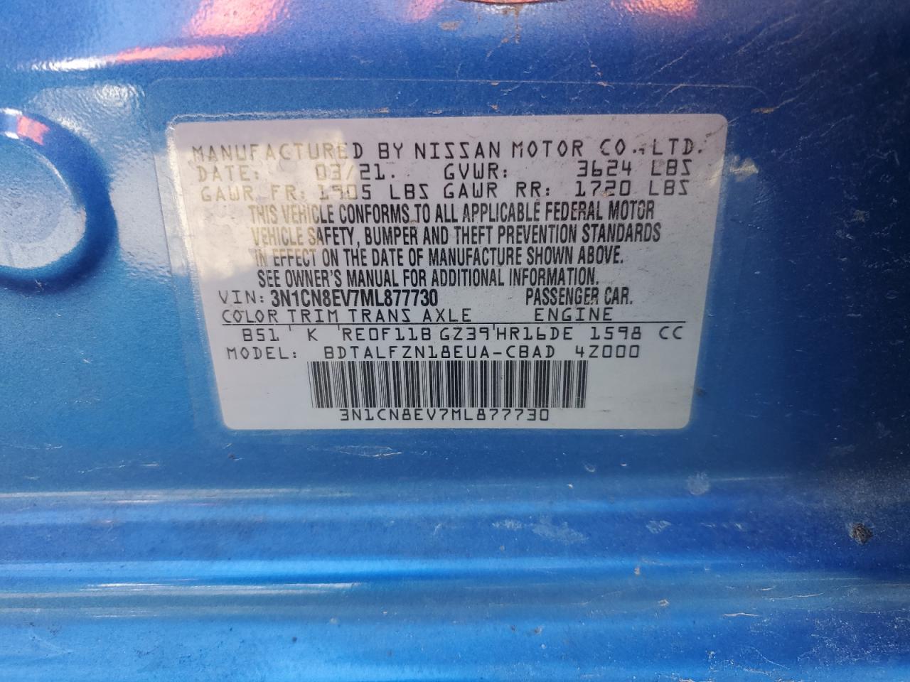 3N1CN8EV7ML877730 NISSAN VERSA 2021