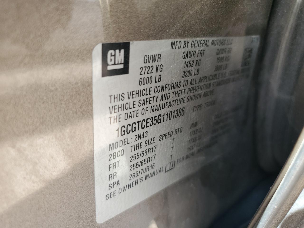 1GCGTCE35G1101386 CHEVROLET COLORADO 2016