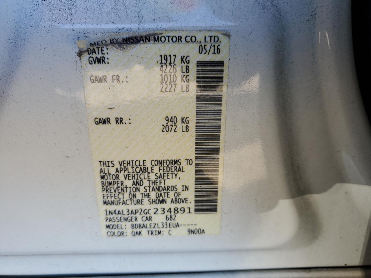 1N4AL3AP2GC234891 NISSAN ALTIMA 2016
