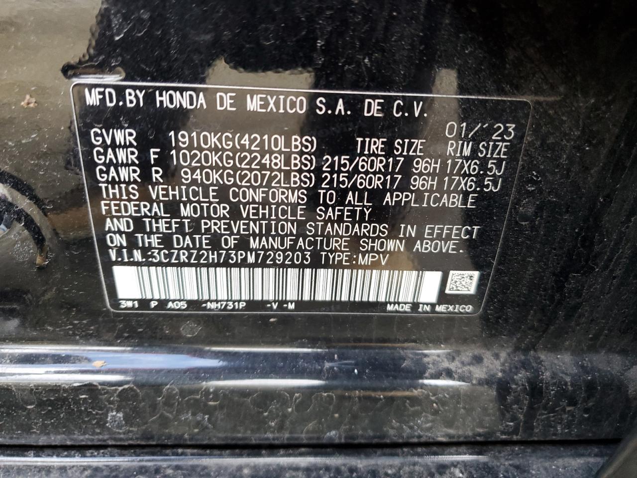 3CZRZ2H73PM729203 HONDA HR-V 2023