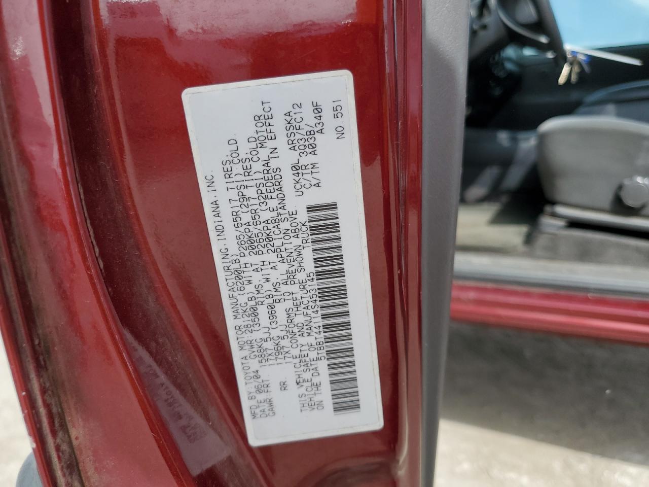 2004 Toyota Tundra Acc VIN: 5TBBT44114S453145 Lot: 46030005