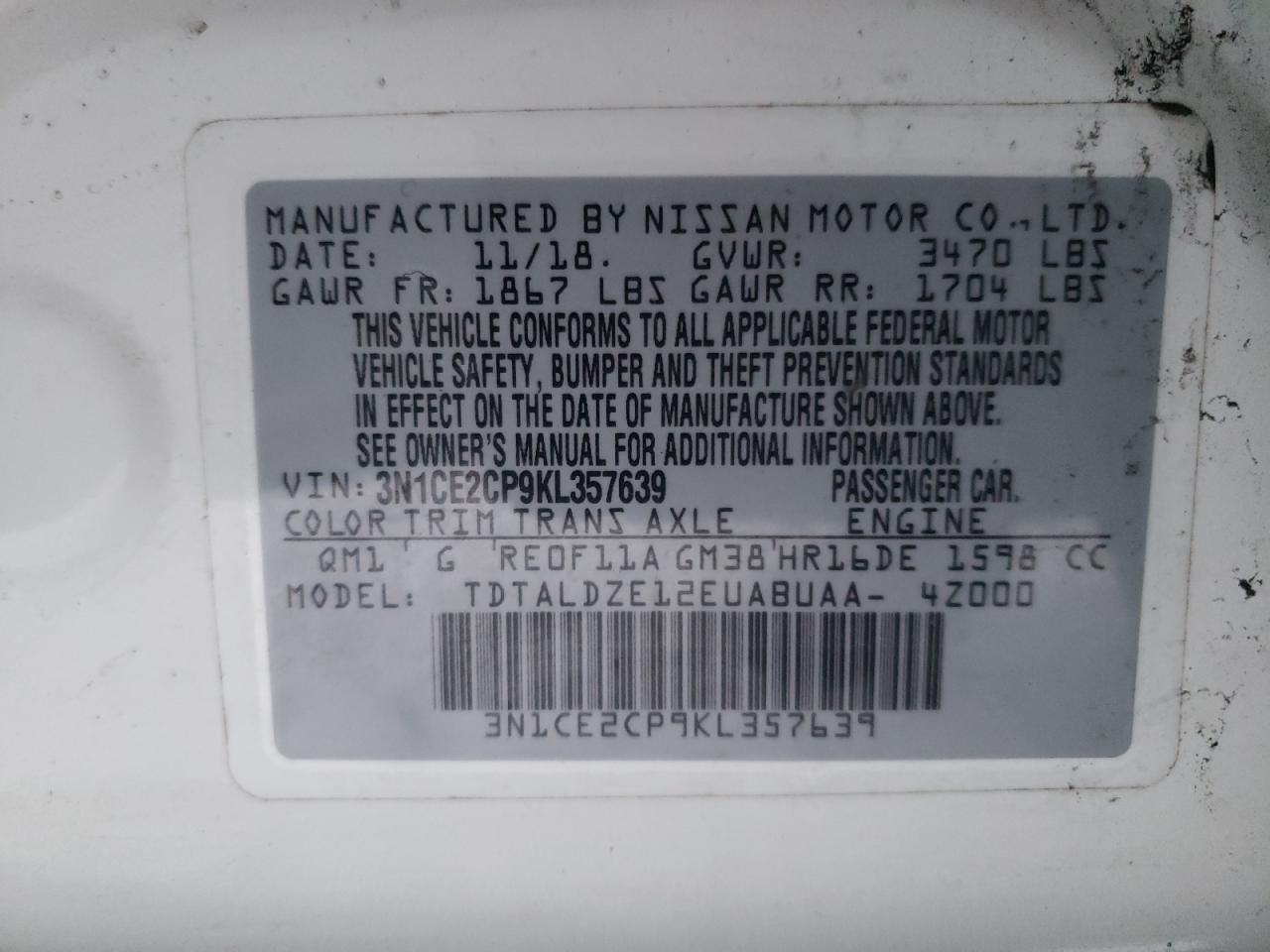 3N1CE2CP9KL357639 NISSAN VERSA 2019