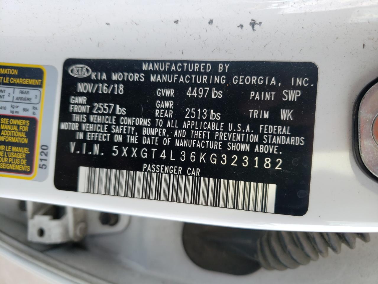 2019 Kia Optima Lx VIN: 5XXGT4L36KG323182 Lot: 43435509