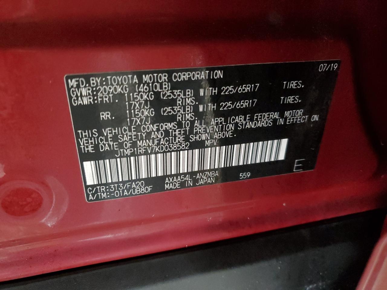 JTMP1RFV7KD038582 TOYOTA RAV4 2019