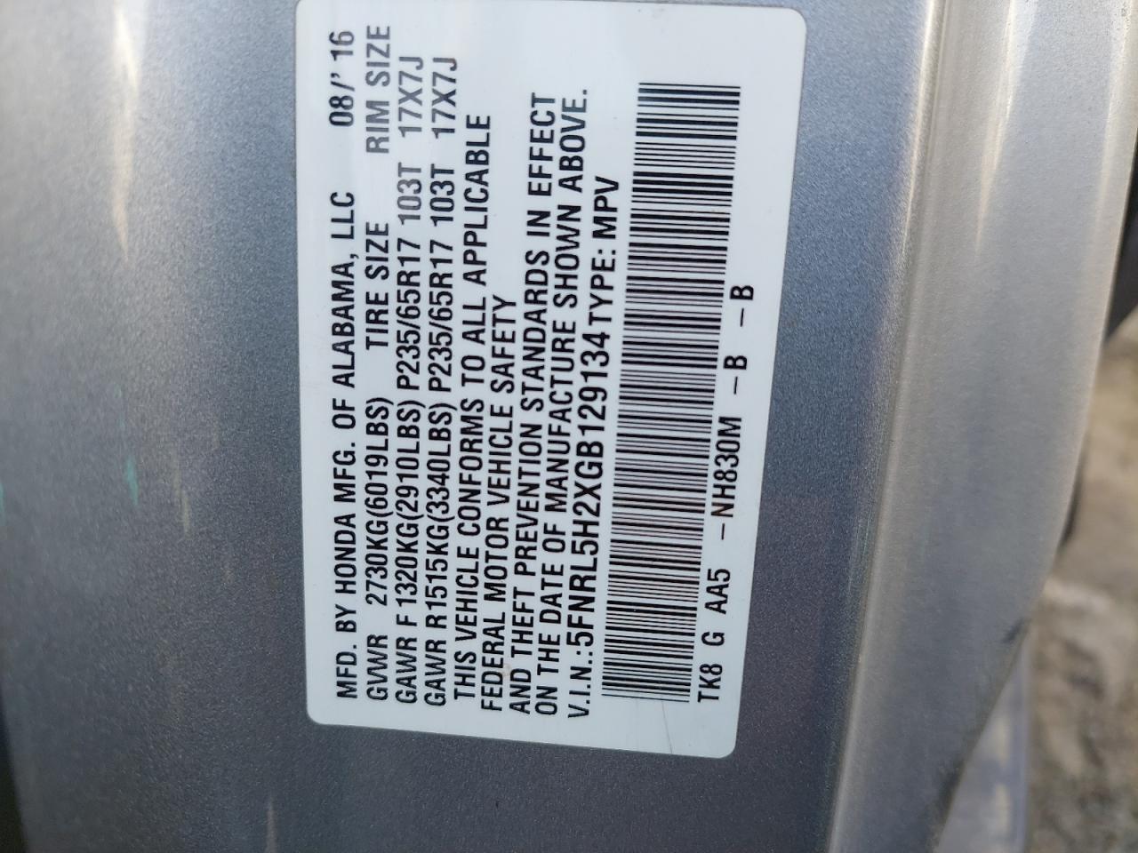 5FNRL5H2XGB129134 - 2016 HONDA ODYSSEY - #44879345