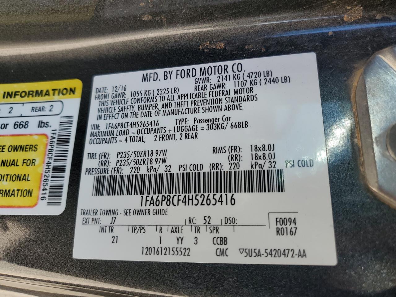 1FA6P8CF4H5265416 FORD MUSTANG 2017