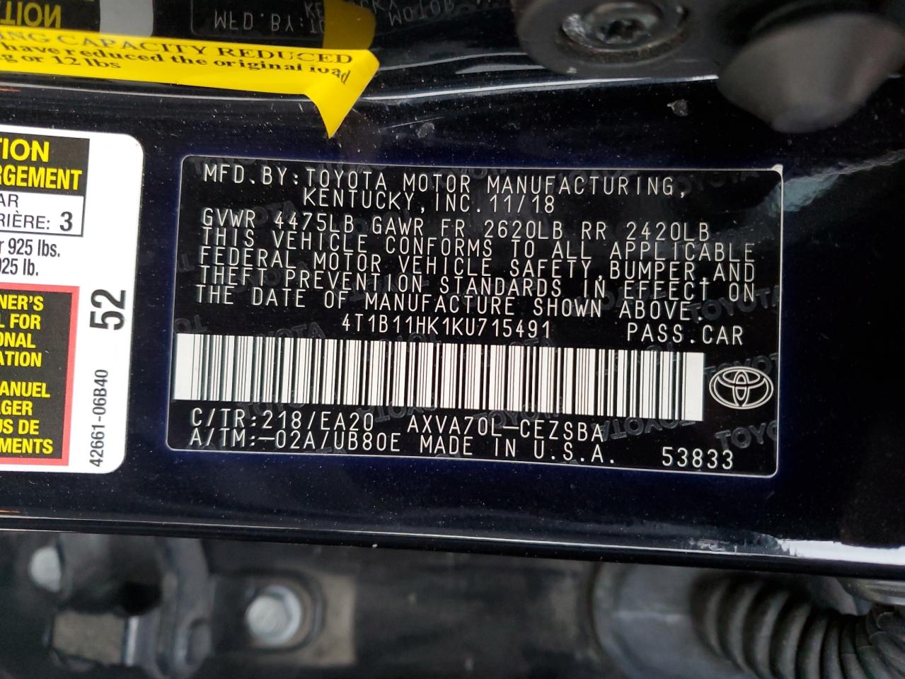 4T1B11HK1KU715491 TOYOTA CAMRY 2019