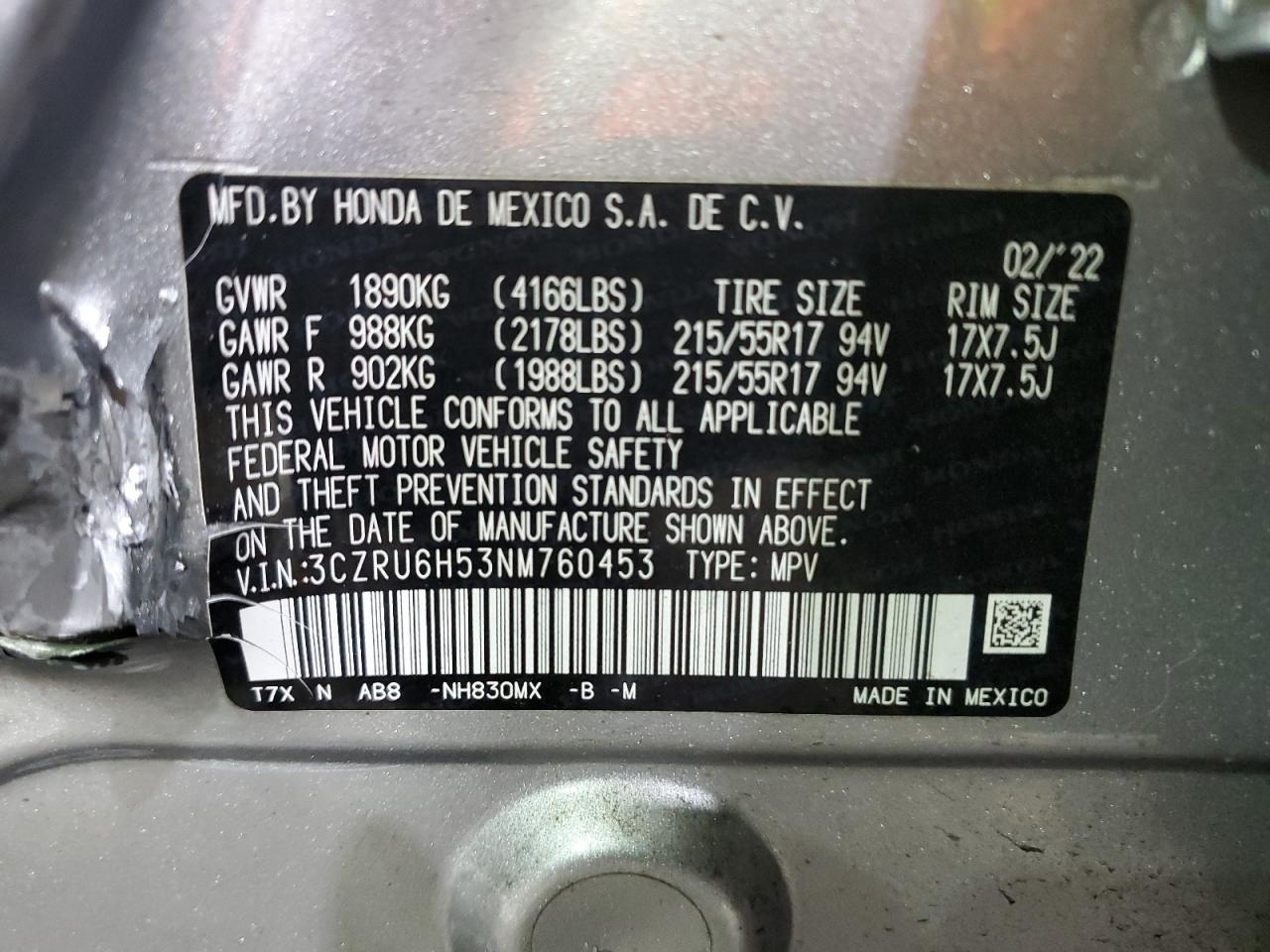 2022 Honda Hr-V Ex VIN: 3CZRU6H53NM760453 Lot: 46746445