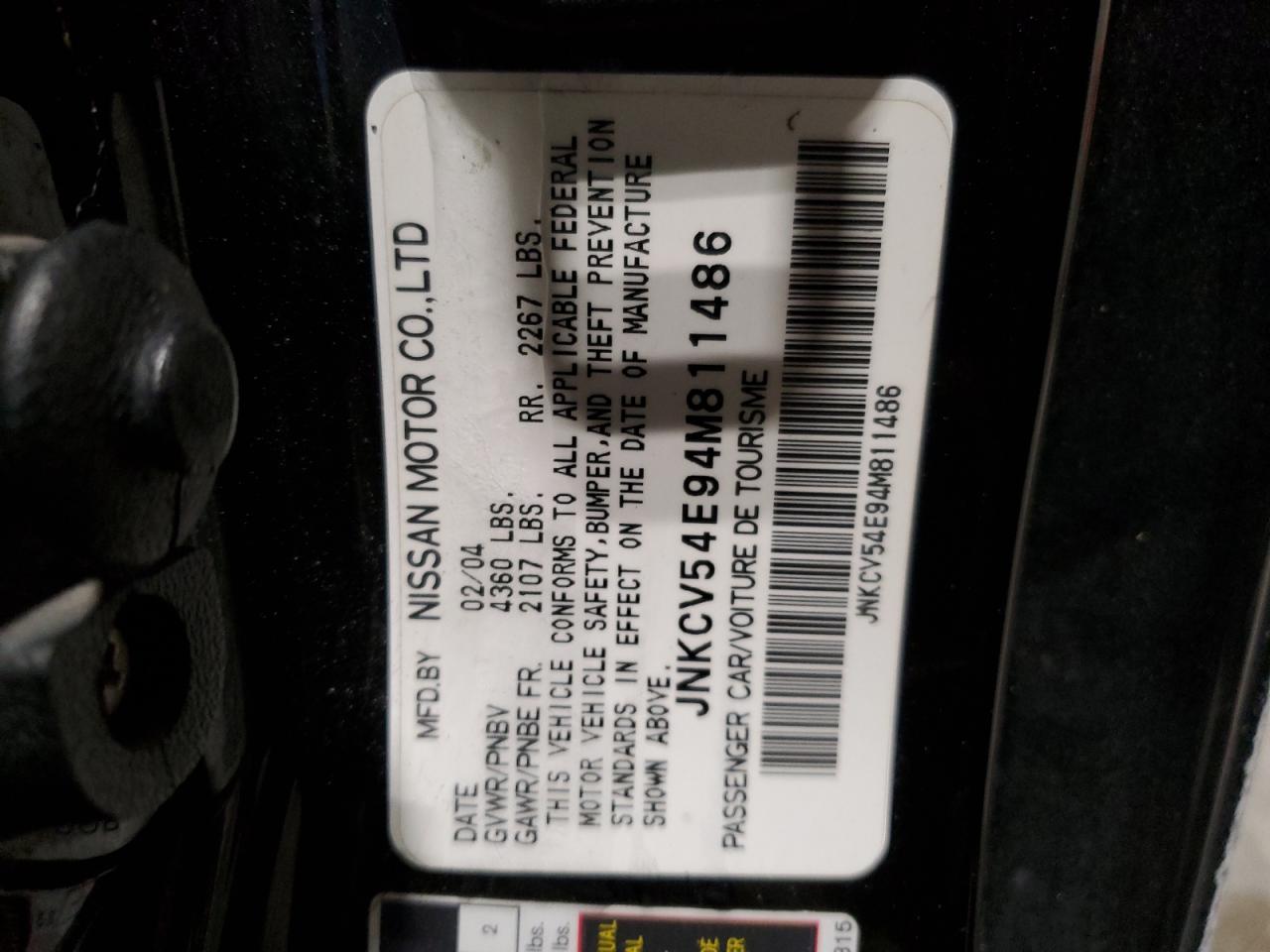 2004 Infiniti G35 VIN: JNKCV54E94M811486 Lot: 45891785
