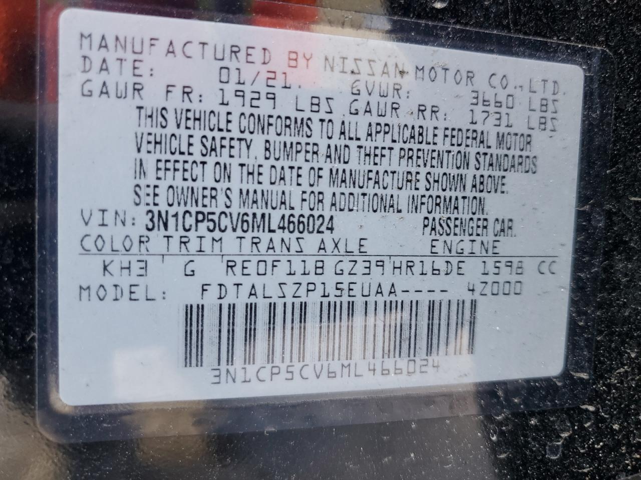 2021 Nissan Kicks Sv VIN: 3N1CP5CV6ML466024 Lot: 45399135