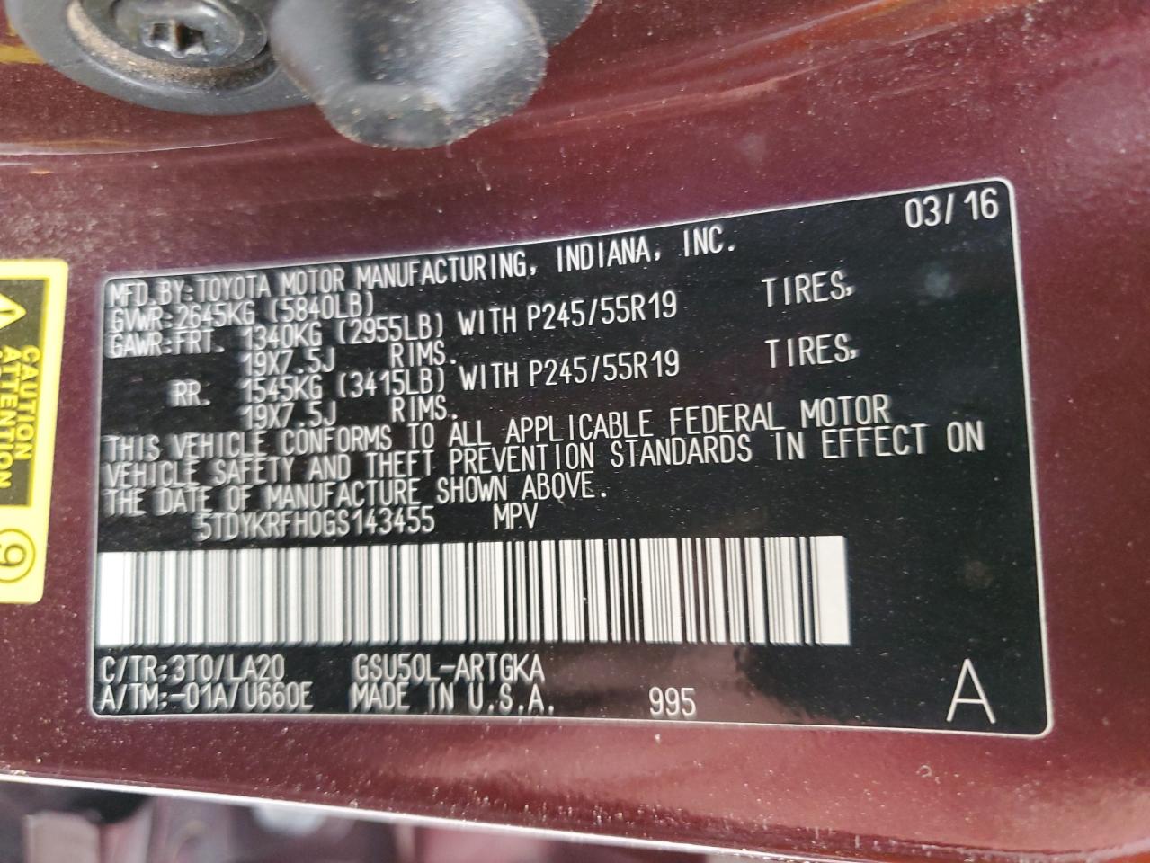 5TDYKRFH0GS143455 TOYOTA HIGHLANDER 2016