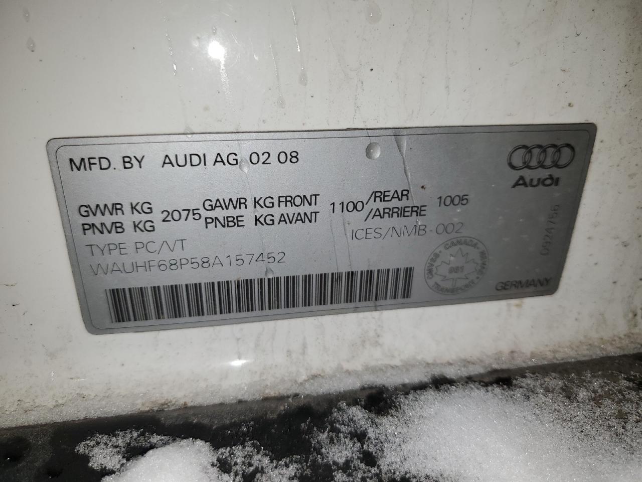 2008 Audi A3 2.0 VIN: WAUHF68P58A157452 Lot: 44554555