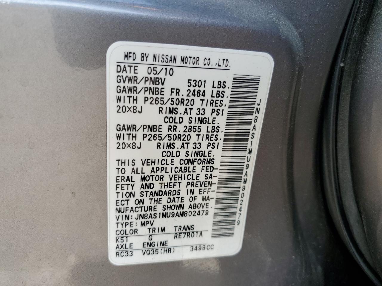 2010 Infiniti Fx35 VIN: JN8AS1MU9AM802479 Lot: 87941215
