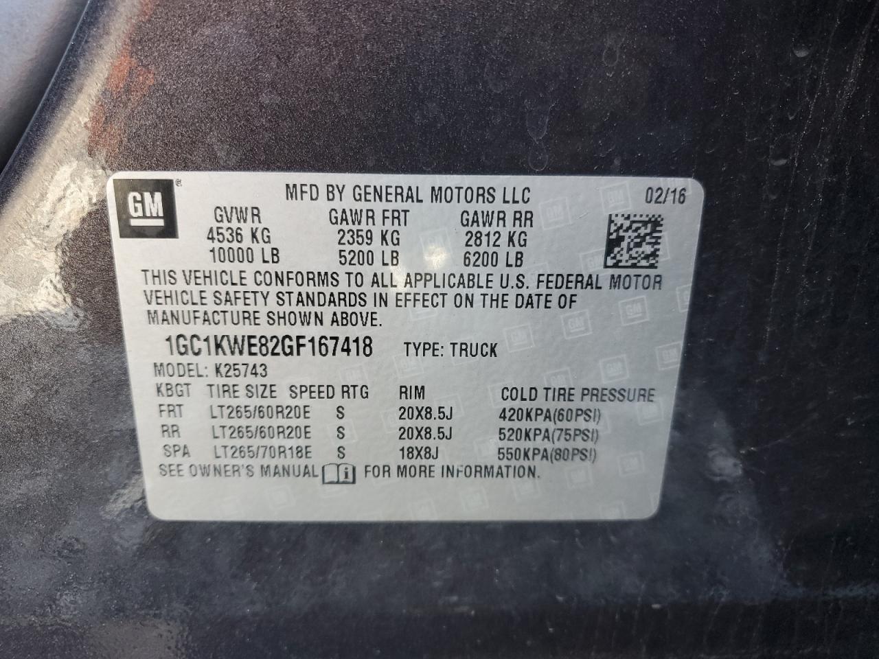 1GC1KWE82GF167418 CHEVROLET ALL Models 2016