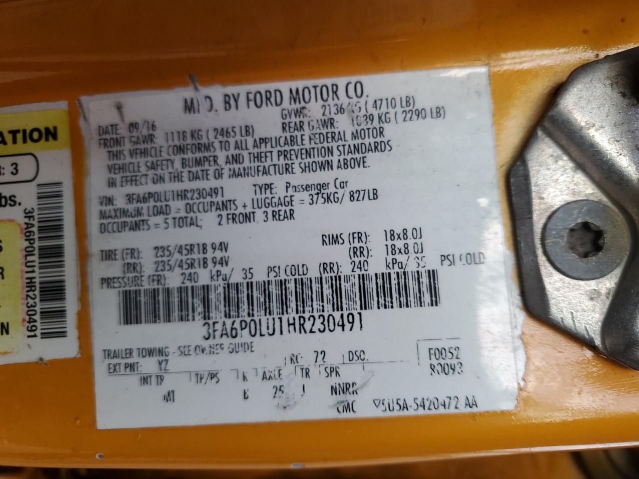 3FA6P0LU1HR230491 FORD FUSION 2017