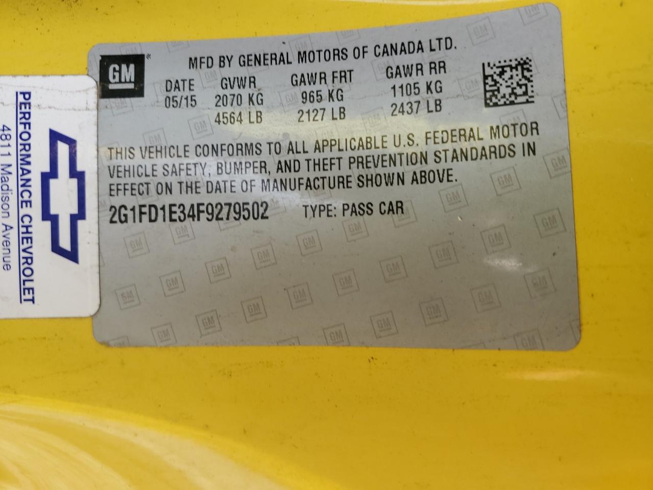 2015 Chevrolet Camaro Lt VIN: 2G1FD1E34F9279502 Lot: 43364495