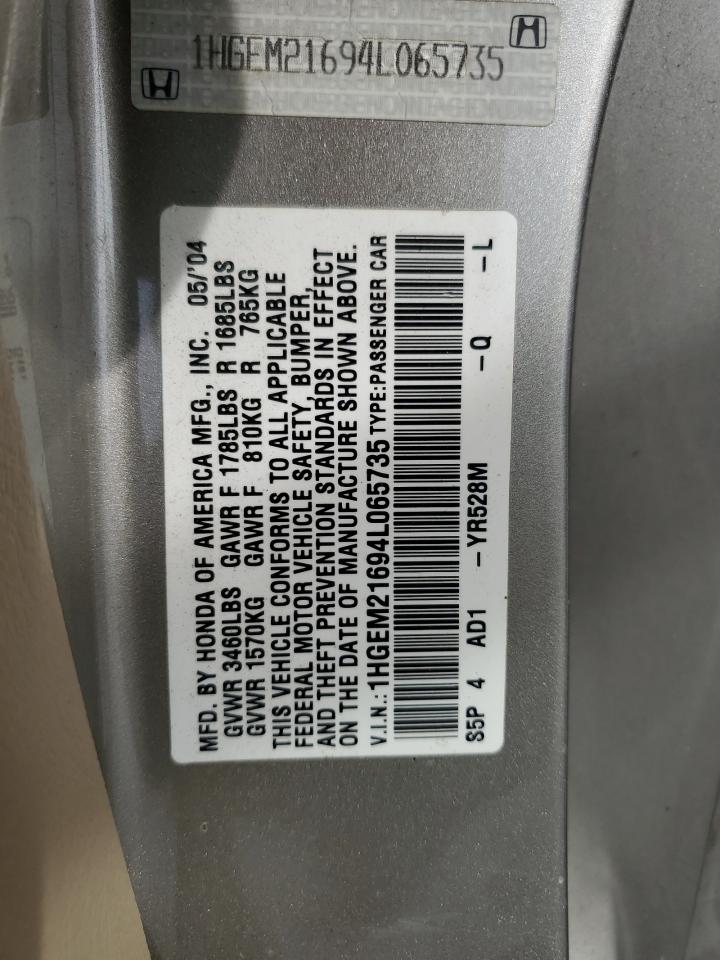 2004 Honda Civic Lx VIN: 1HGEM21694L065735 Lot: 46882555