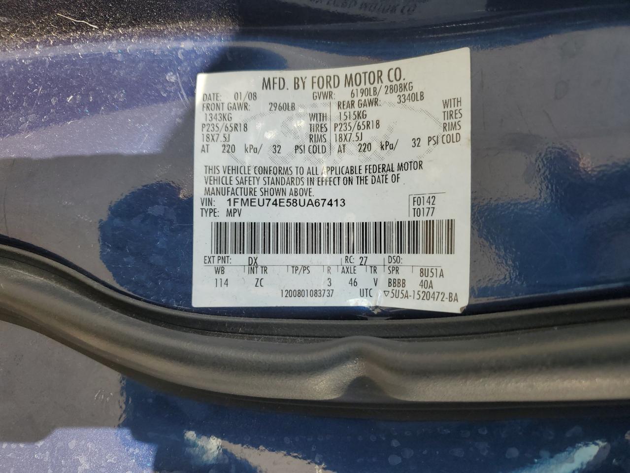 2008 Ford Explorer Eddie Bauer VIN: 1FMEU74E58UA67413 Lot: 65111545