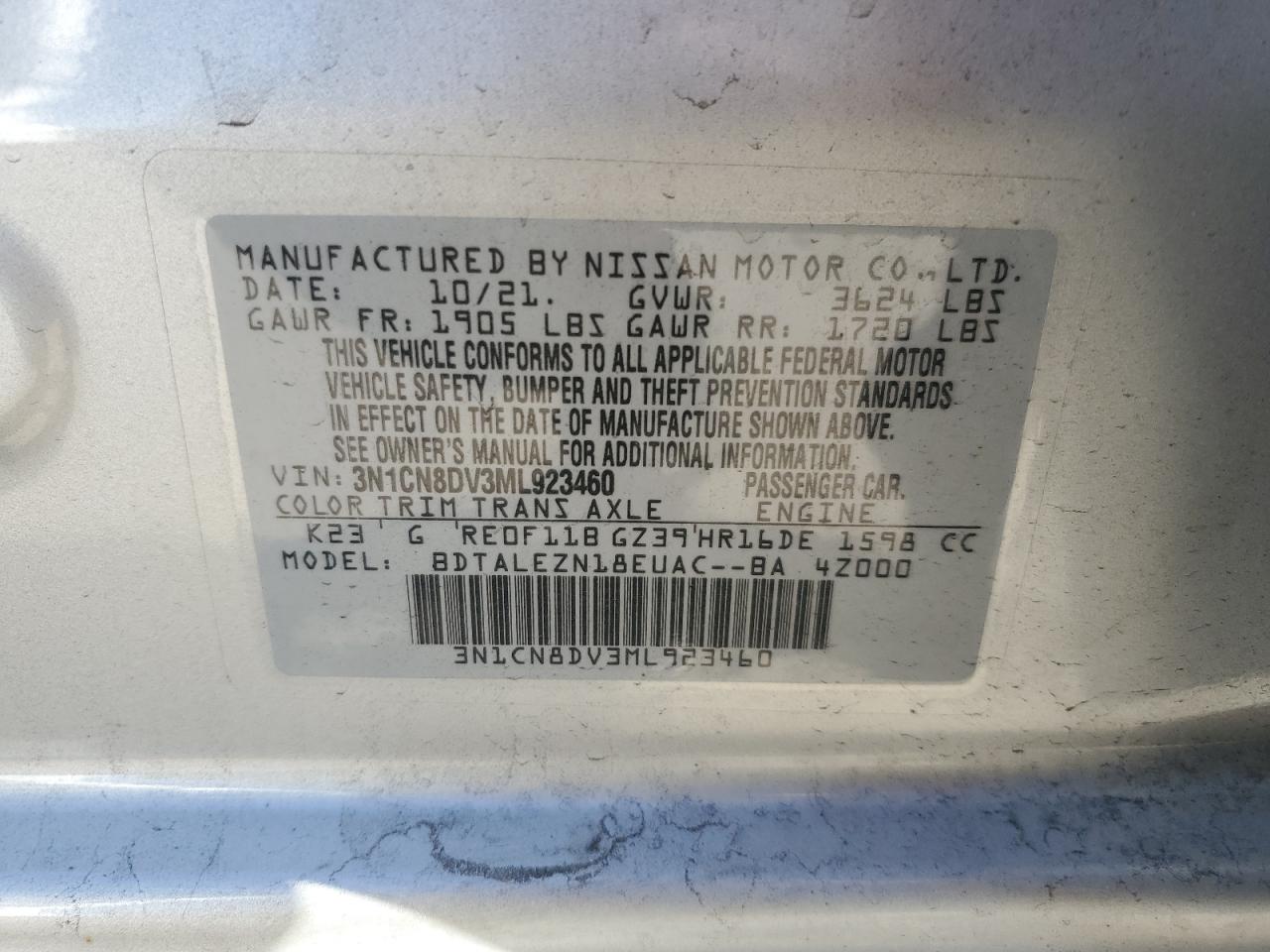 3N1CN8DV3ML923460 NISSAN VERSA 2021