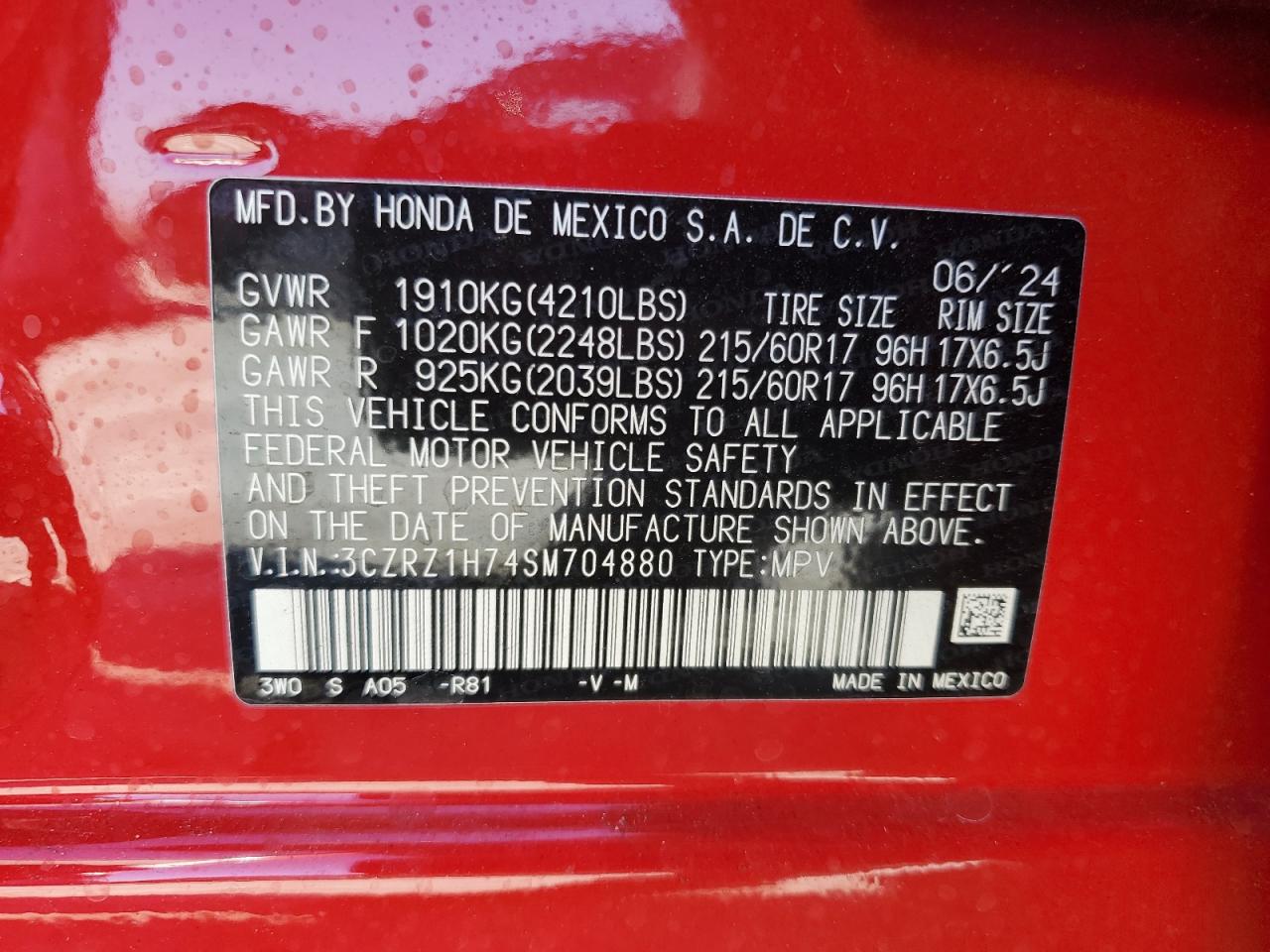 2025 Honda Hr-V Exl VIN: 3CZRZ1H74SM704880 Lot: 44039035