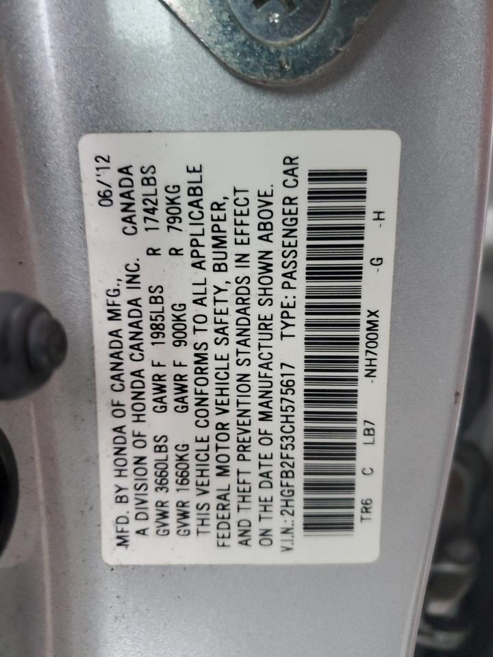2012 Honda Civic Lx VIN: 2HGFB2F53CH575617 Lot: 44151755