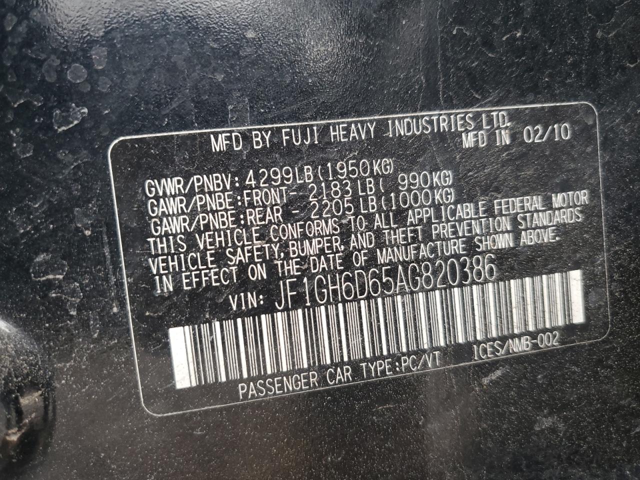 2010 Subaru Impreza Outback Sport VIN: JF1GH6D65AG820386 Lot: 45228085