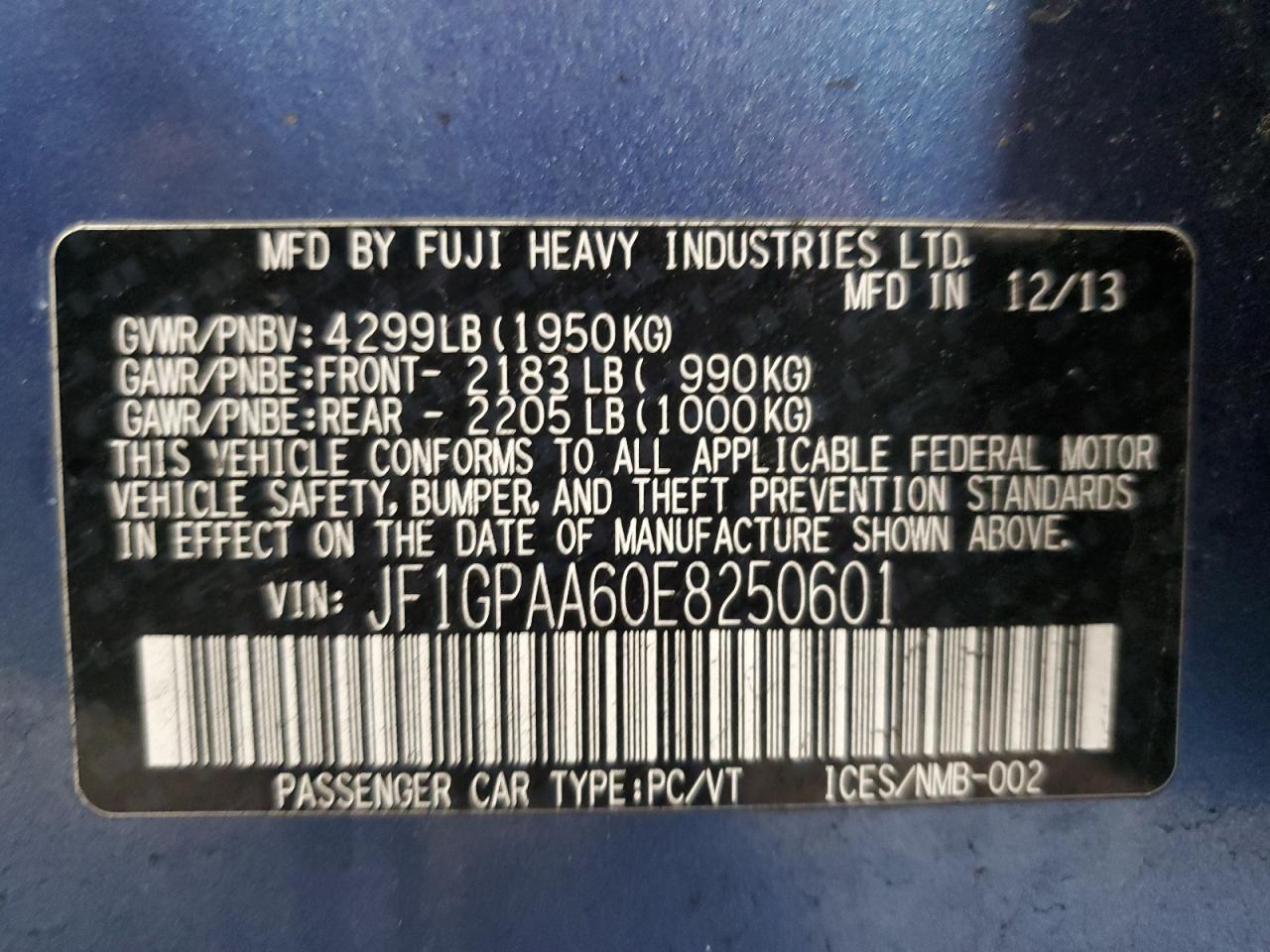 2014 Subaru Impreza VIN: JF1GPAA60E8250601 Lot: 45086835