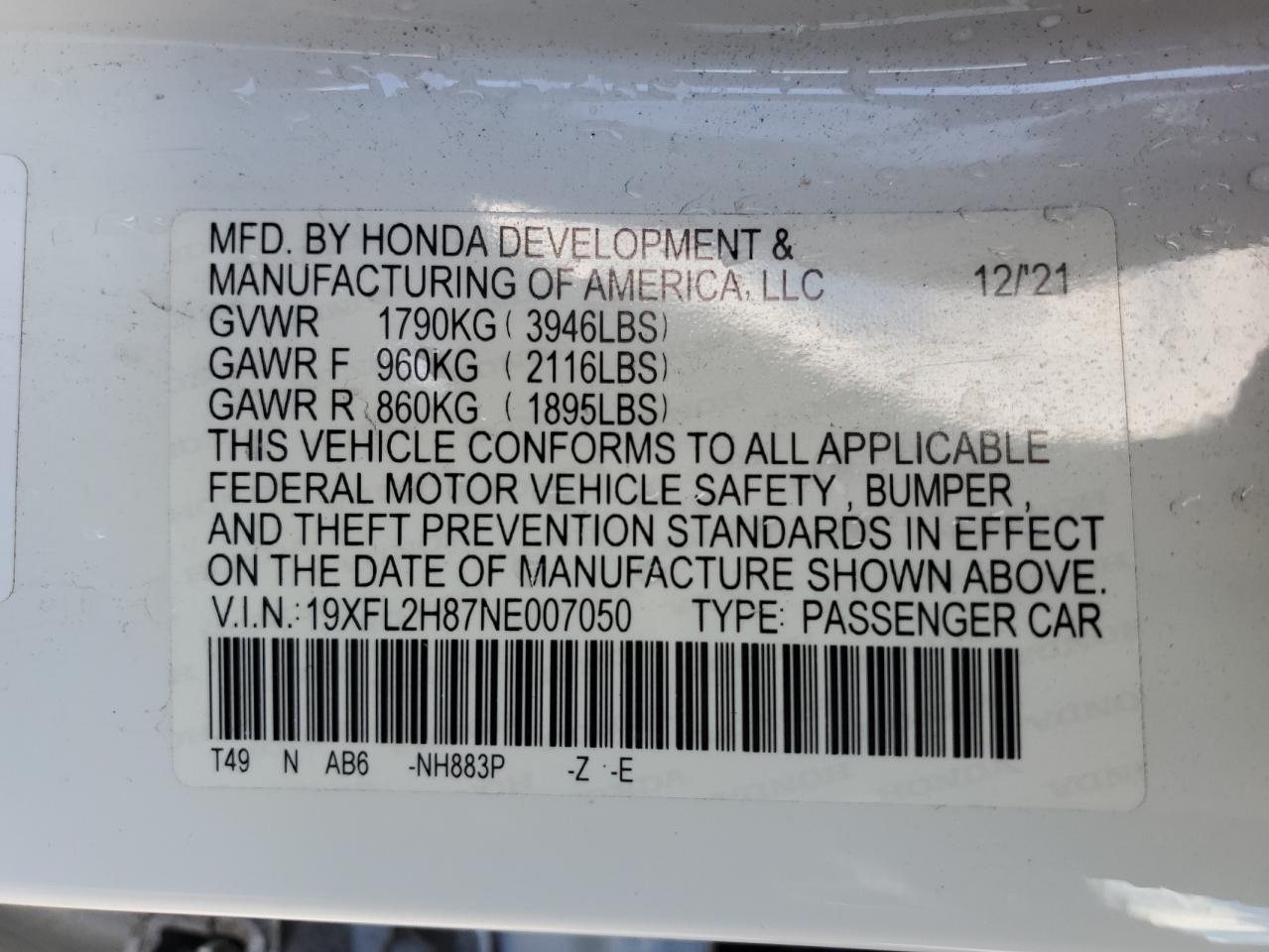 19XFL2H87NE007050 HONDA CIVIC 2022