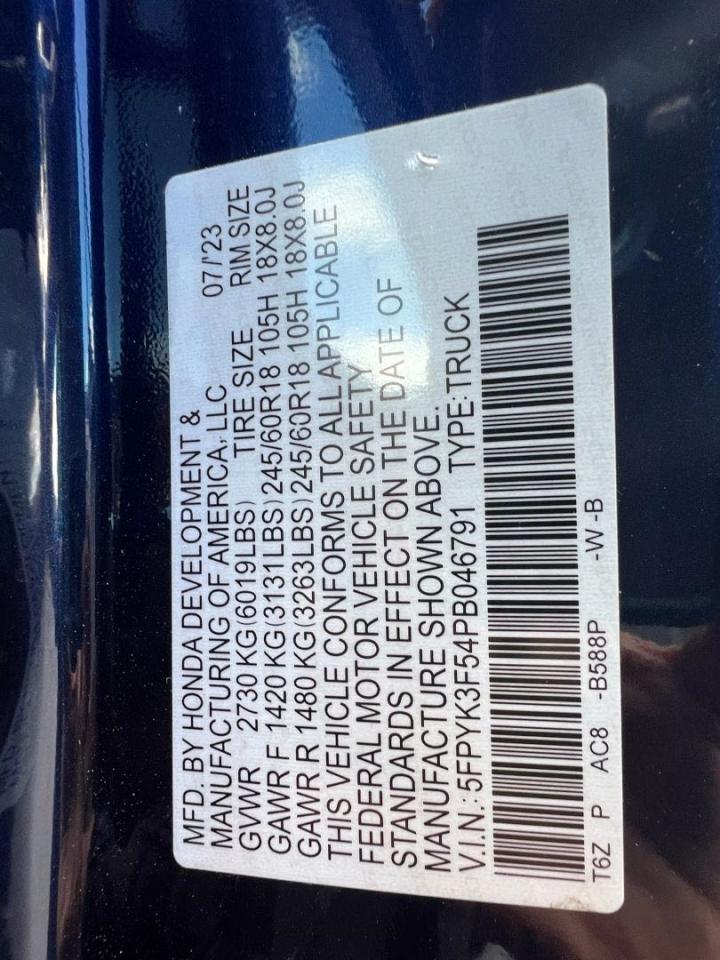 2023 Honda Ridgeline Rtl VIN: 5FPYK3F54PB046791 Lot: 45239255