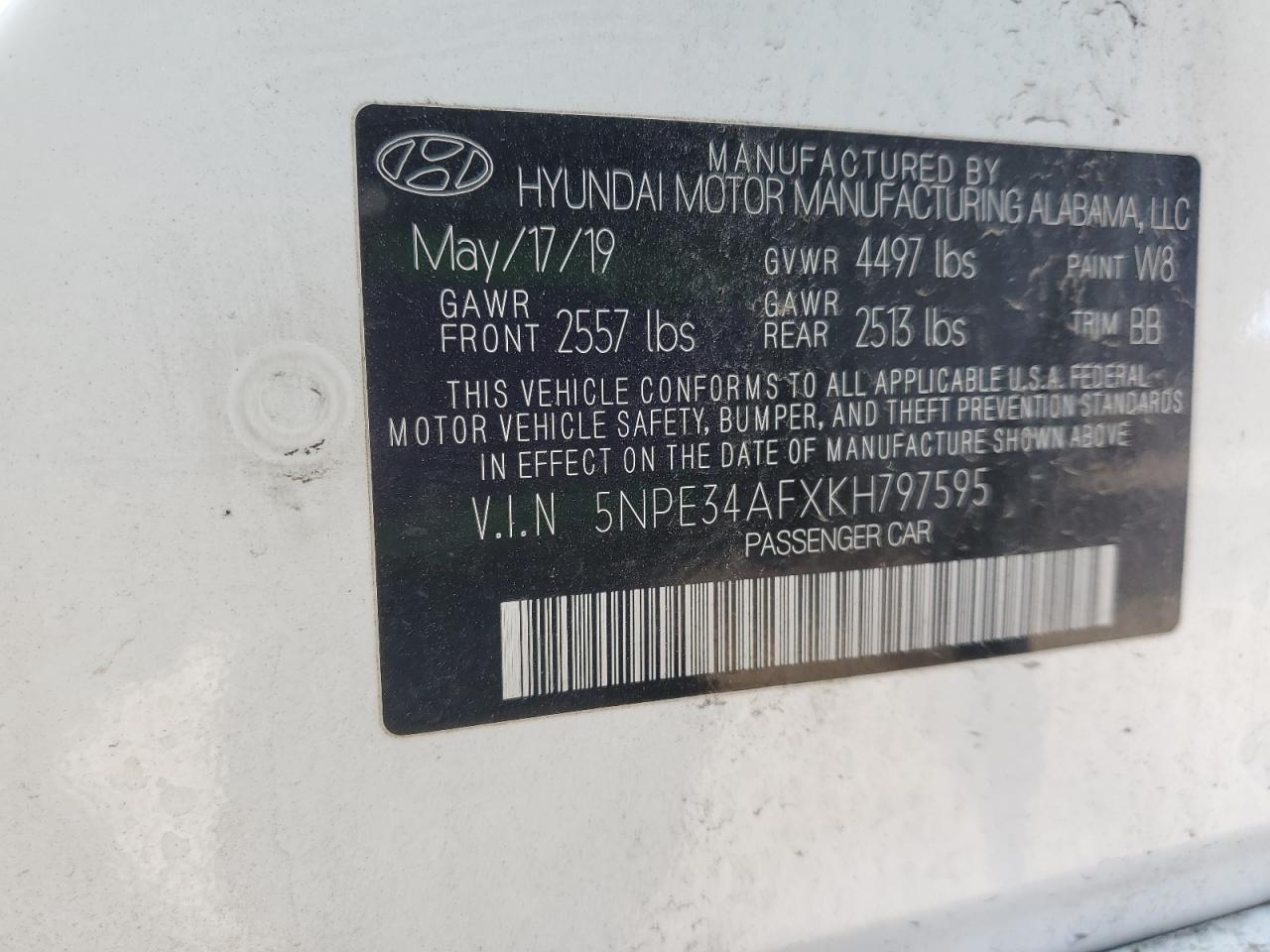 5NPE34AFXKH797595 HYUNDAI SONATA 2019