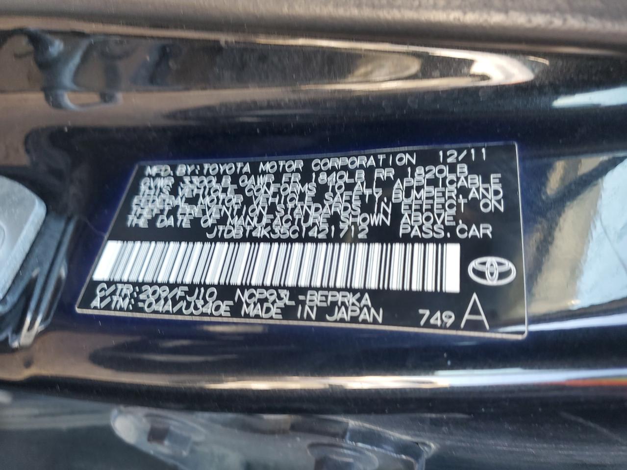 2012 Toyota Yaris VIN: JTDBT4K35C1421712 Lot: 46377465