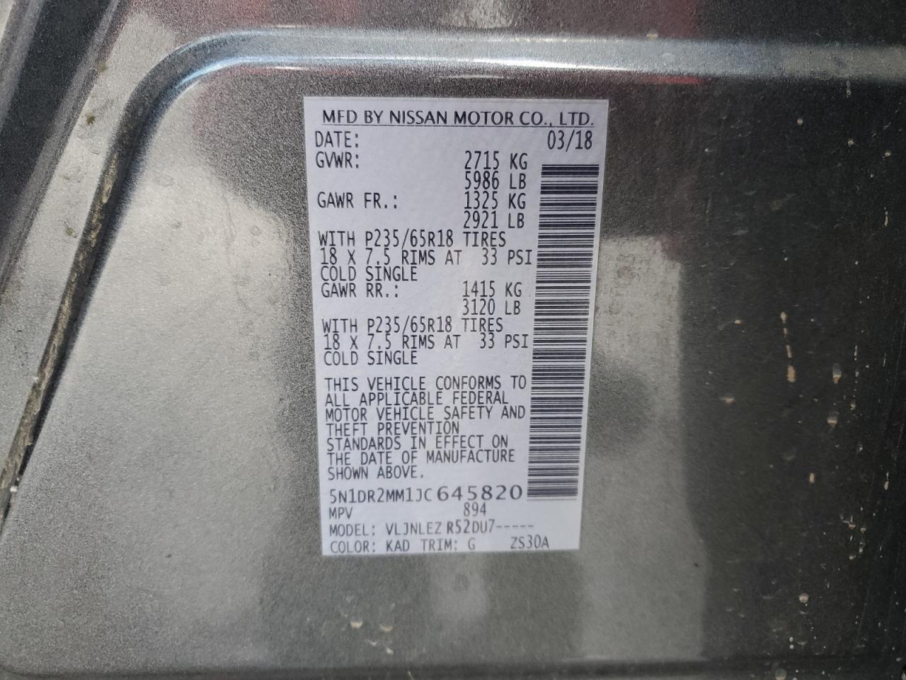 5N1DR2MM1JC645820 NISSAN PATHFINDER 2018