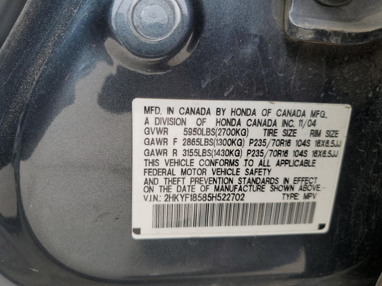 2005 Honda Pilot Exl VIN: 2HKYF18585H522702 Lot: 45813465