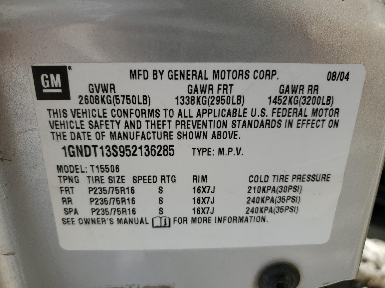 2005 Chevrolet Trailblazer Ls VIN: 1GNDT13S952136285 Lot: 45126865