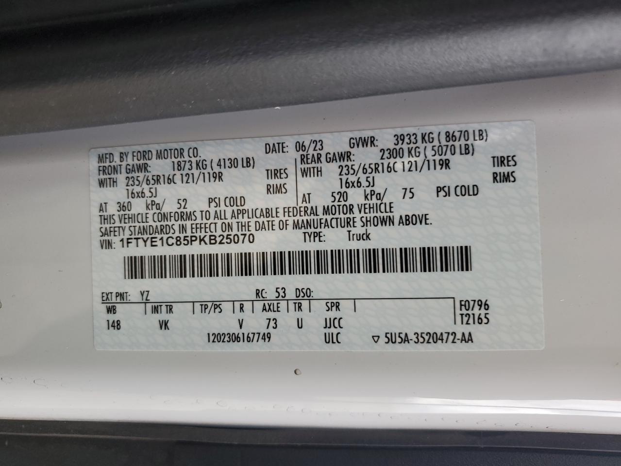 2023 Ford Transit T-150 VIN: 1FTYE1C85PKB25070 Lot: 44080855