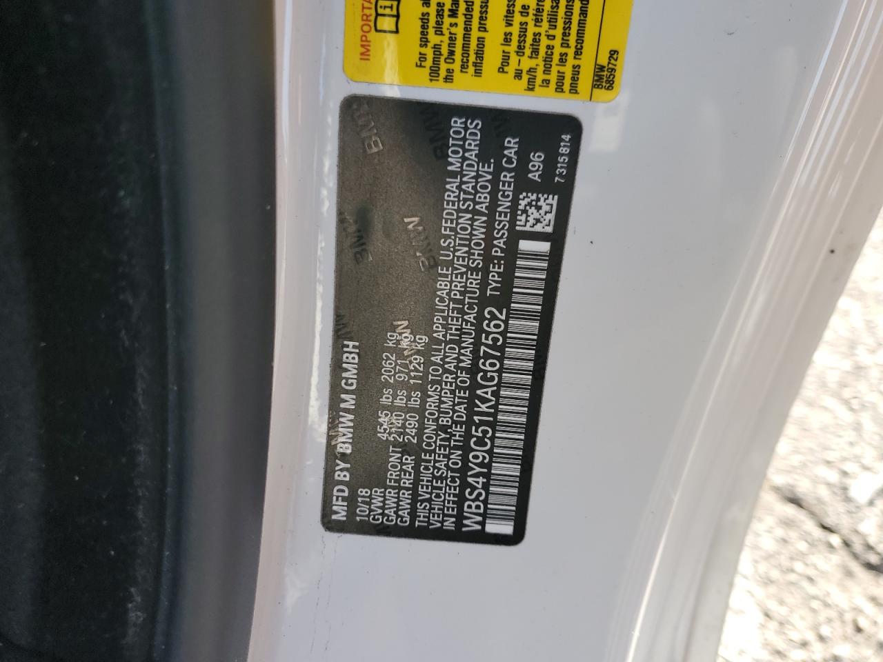 2019 BMW M4 VIN: WBS4Y9C51KAG67562 Lot: 45365415